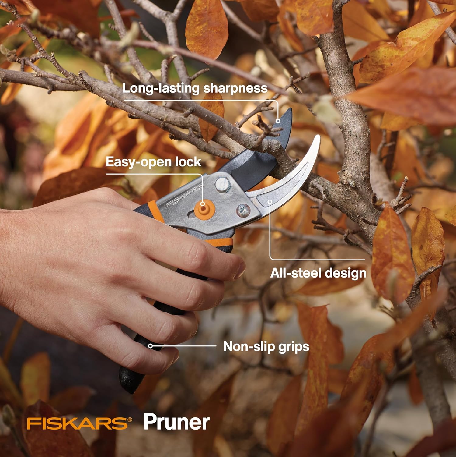 Fiskars Bypass Pruning ShearsPrevents Sticking, Non-Slip Grip for Cutting Stems & Branches, Sharp Steel Blades w/ Low-Friction Coating